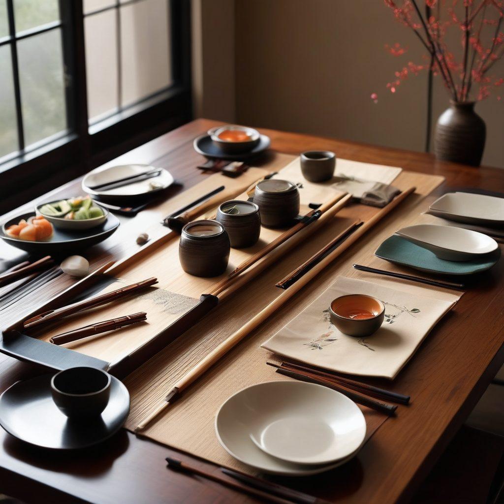 A beautifully set dining table featuring an array of elegant chopsticks and decorative holders, showcasing various materials such as wood, metal, and ceramic. Soft ambient lighting casts a warm glow over the table, enhancing the visual appeal of the delicate patterns on the chopsticks. A subtle background with traditional Japanese elements invokes a sense of culture and artistry in dining. super-realistic. vibrant colors. minimalistic background.