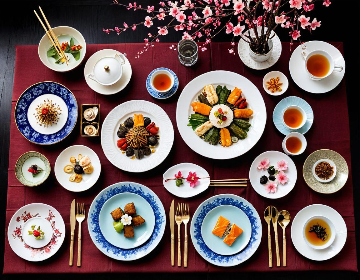 A beautifully arranged table setting featuring elegant oriental cuisine dishes, with intricately designed chopsticks and stylish holders. The focus should be on the vibrant colors of the food, showcasing a variety of textures and ingredients, surrounded by delicate tea cups and decorative elements like cherry blossoms. Soft, warm lighting enhances the inviting atmosphere. super-realistic. vibrant colors. elegant background.