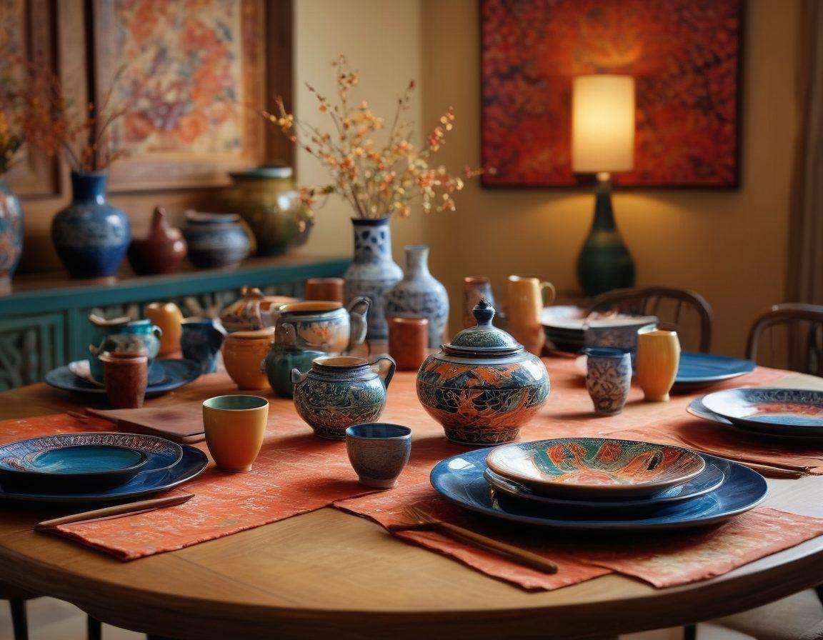 A beautifully arranged dining table showcasing exquisite chopsticks in elegant designs, accompanied by artisan dining accessories like decorative plates and stylish cups. The setting includes ambient lighting and soft textures to enhance warmth and luxury. Include vibrant elements from various cultures to emphasize diversity in dining. super-realistic. vibrant colors. soft focus.